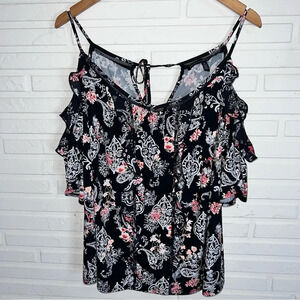WHBM Black Floral Cold Shoulder Short Sleeve Ruffle Blouse, Women’s Size Medium